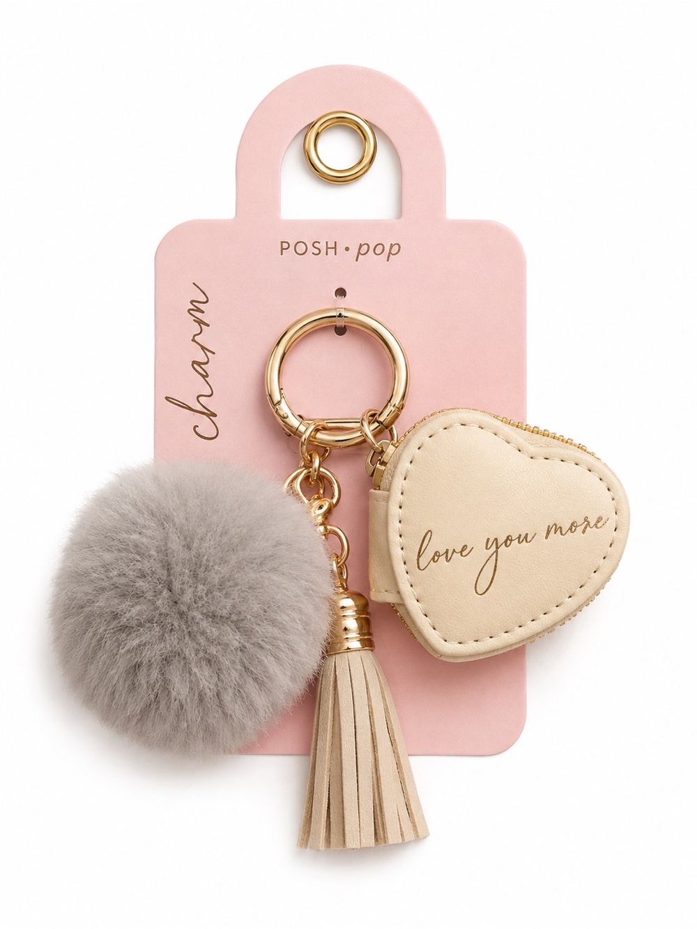 Posh Heart Charm Keychain with Gray Pom Pom & Beige Tassel